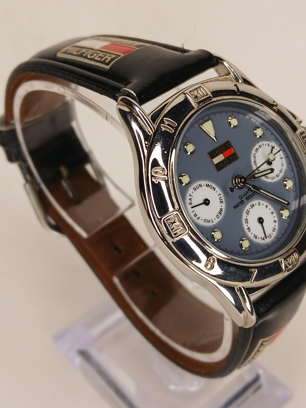 Vintage Tommy Hilfiger 1238 Quartz Multifunction Blue Dial Leather Mens Watch